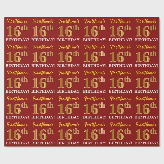 Papel De Presente Vermelho, Imitação Dourada "16º ANIVERSÁRIO" (Aberto)