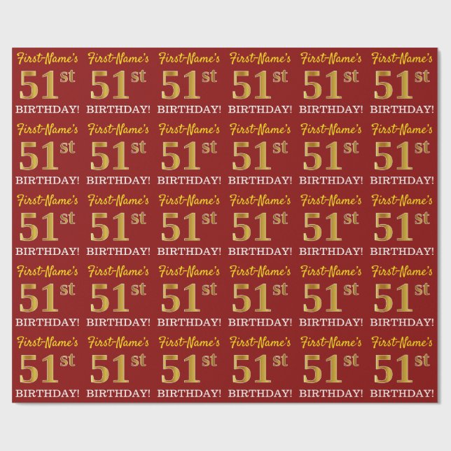 Papel De Presente Vermelho, Imitação Dourada "51 ruas ANIVERSÁRIO" (Aberto)