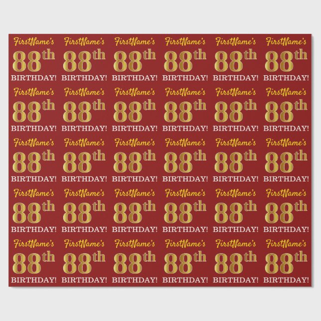Papel De Presente Vermelho, Imitação Dourada "88º ANIVERSÁRIO" (Aberto)
