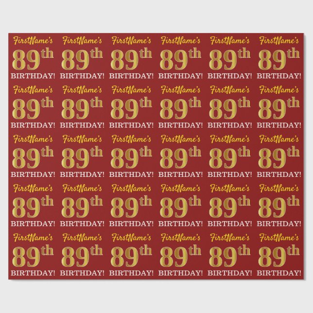 Papel De Presente Vermelho, Imitação Dourada "89º ANIVERSÁRIO" (Aberto)