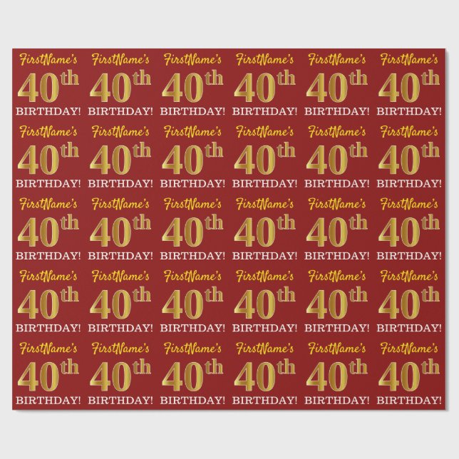 Papel De Presente Vermelho, Imitação Dourada "aniversário de 40 anos (Aberto)