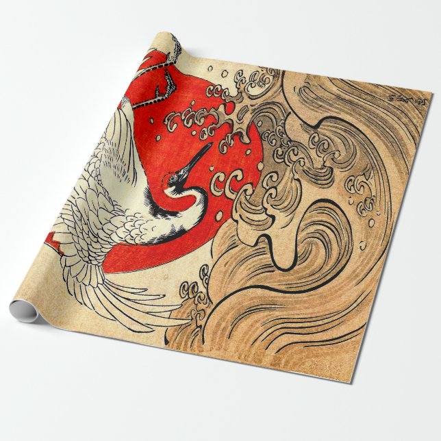 PAPEL DE PRESENTE VERMELHO, JAPONÊS FLYING CRANE E ONDAS MARÍTIMAS (Desenrolado)