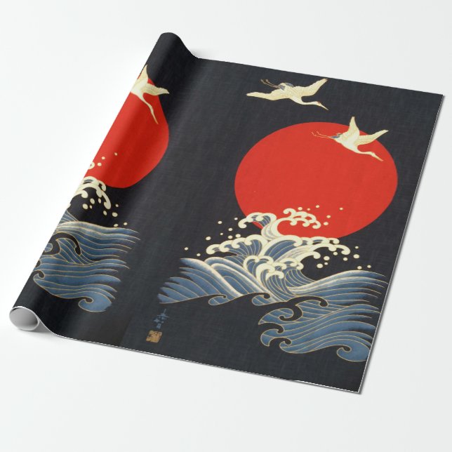 PAPEL DE PRESENTE VERMELHO, JAPONÊS VOANDO CRANES, ONDAS MARÍTIMAS E (Desenrolado)