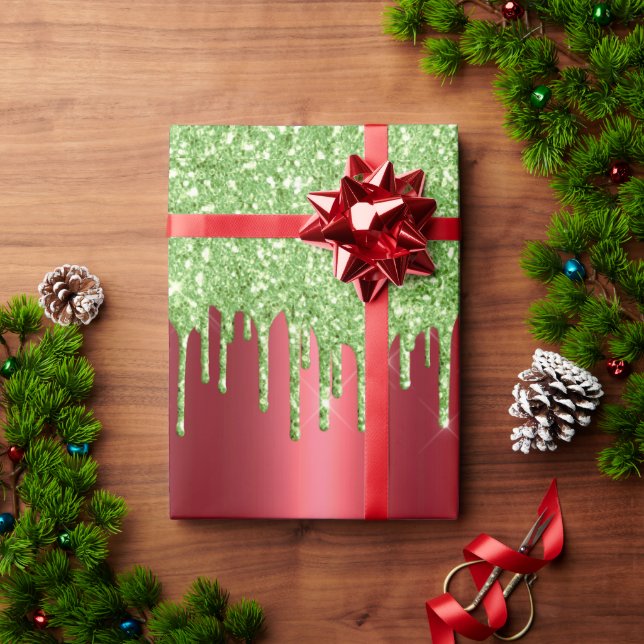 Papel De Presente Vermelho Metálico Natal e Brilho Verde (Presente de Natal)