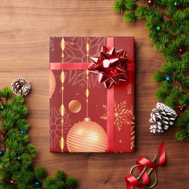 Papel De Presente Vermelho Natal (A beautifully wrapped Christmas gifts sits on a wooden table, surrounded by festive greenery.)