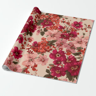 Papel De Presente Vermelho Rosa Macio Flor Ditsy Pastel Boho Vintage