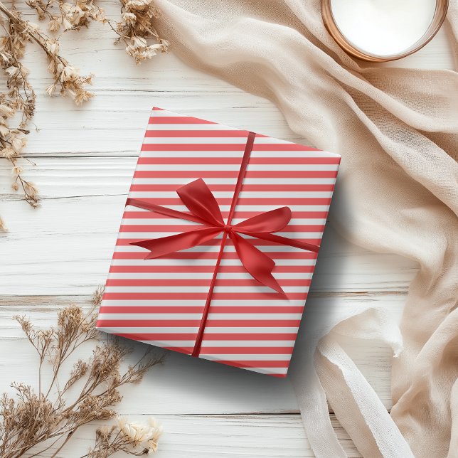Papel De Presente Vermelho Rosado e Branco Simples Horizontal Stript (Criador carregado)