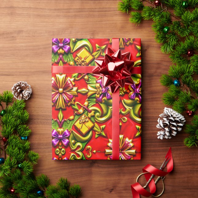 Papel De Presente ~ Vermelho, Roxo, Verde e Dourado ~ (Presente de Natal)