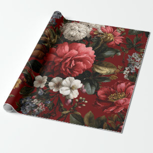 Papel De Presente Vermelho Rústico Botânico Ousado Vintage Boho Flor
