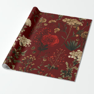 Papel De Presente Vermelho Rústico Botânico Ousado Vintage Boho Flor