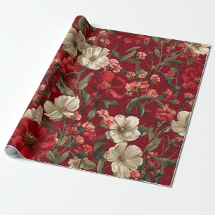 Papel De Presente Vermelho Rústico Botânico Ousado Vintage Boho Flor