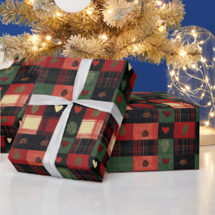 Papel De Presente Vermelho Rústico Verde Xadrez Corações Natal Feria
