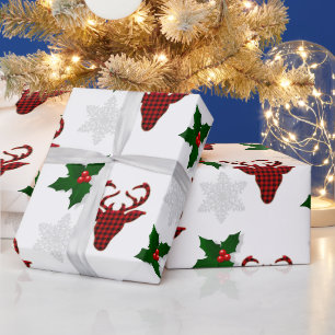 Papel De Presente Vermelho Rústico Xadrez Búfalo Cervo Floco de Neve