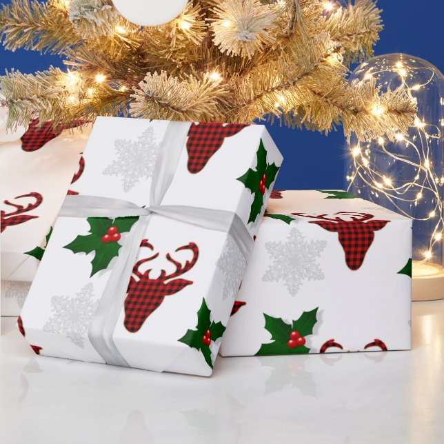 Papel De Presente Vermelho Rústico Xadrez Búfalo Cervo Floco de Neve (Feriados)