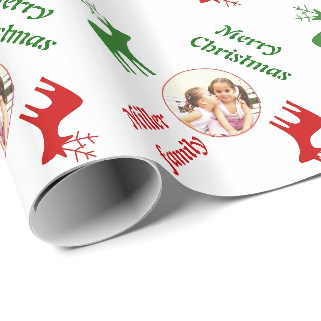 Papel De Presente Vermelho, veado verde e foto de Natal (Ponta do rolo)