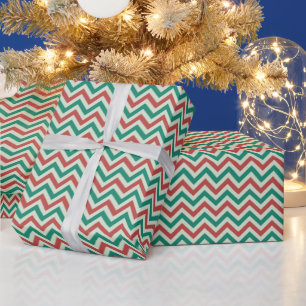 Papel De Presente Vermelho Verde Branco Moderno Zigue-Zague Natal