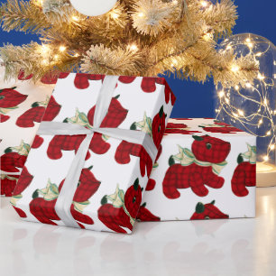 Papel De Presente Vermelho, Xadrez Escocesa, Cachorro Terrier, Natal