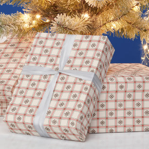 Papel De Presente Vermelho Xadrez Floco de Neve Natal Feriado