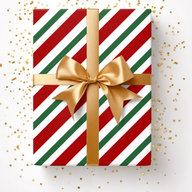 Papel De Presente Vermelhos Festivos Modernos - Natal (Christmas Red Green White Stripes Pattern Wrapping )