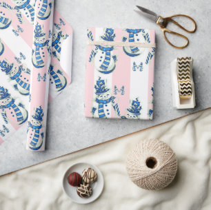 Papel De Presente Vestido de Natal Rosa e Stripe Branca Snowman