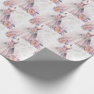 Papel De Presente Vestido de Noiva e Ramilhetes Botânicos Rosa