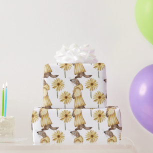 Papel De Presente Vestidos em amarelo estriado, flores amarelas