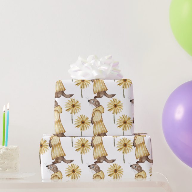 Papel De Presente Vestidos em amarelo estriado, flores amarelas (Presentes para festas)