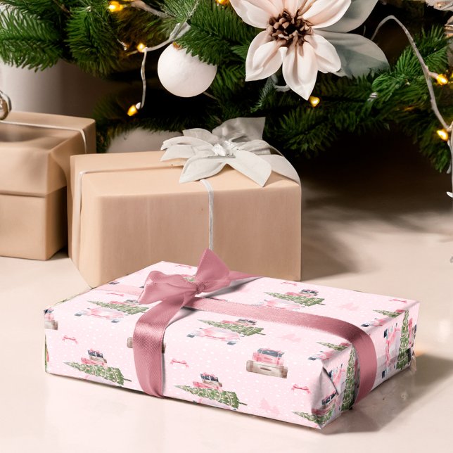 Papel De Presente Viagem de Natal - Carro Retro Aquarela Rosa-Quadra (Christmas Road Trip Chic Pink Retro Watercolor Car Wrapping Paper)
