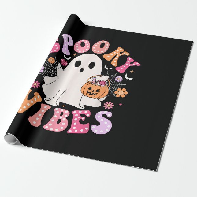 Papel De Presente Vibrações Assustadoras Fantasma Retro Groovy Hallo (Desenrolado)