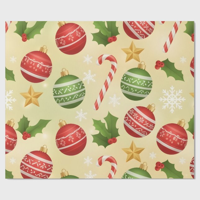 Papel De Presente Vibrant Festive Christmas Ornaments and Candy Cane (Aberto)