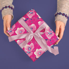Papel De Presente Vibrant Floral Pattern in Pink, White & Royal Blue