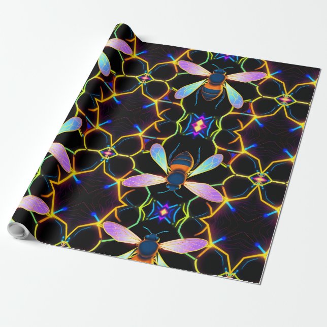 Papel De Presente Vibrant Neon Honeybee com Abstrato Hexagonal (Desenrolado)