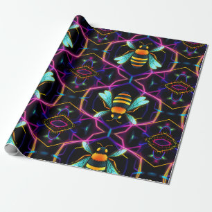 Papel De Presente Vibrant Neon Honeybee com Abstrato Hexagonal