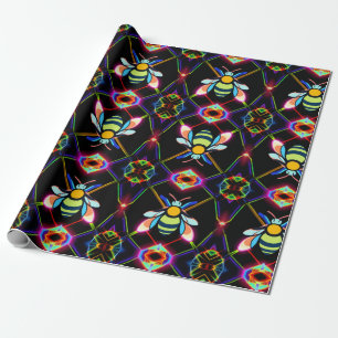 Papel De Presente Vibrant Neon Honeybee com Abstrato Hexagonal