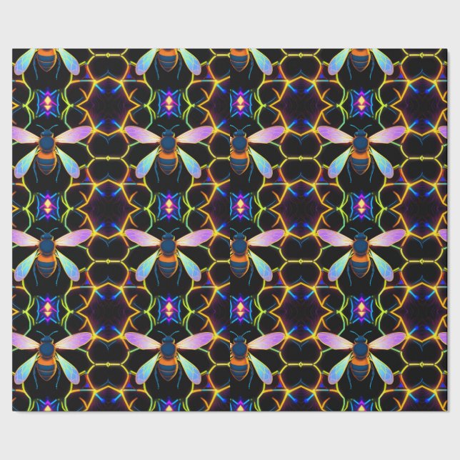 Papel De Presente Vibrant Neon Honeybee com Abstrato Hexagonal (Barra)