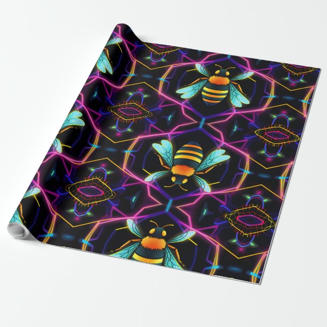 Papel De Presente Vibrant Neon Honeybee com Abstrato Hexagonal (Desenrolado)