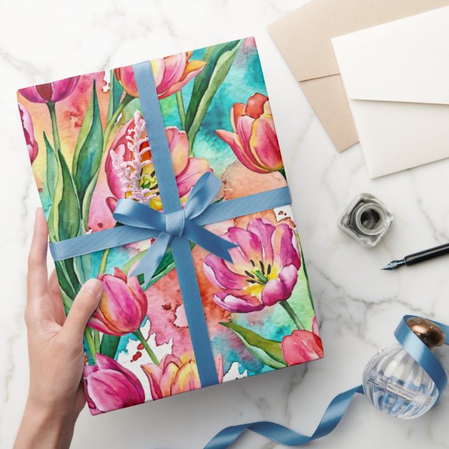 Papel De Presente Vibrant Pink Tulip Watercolor Wrapping Paper (Presentear)