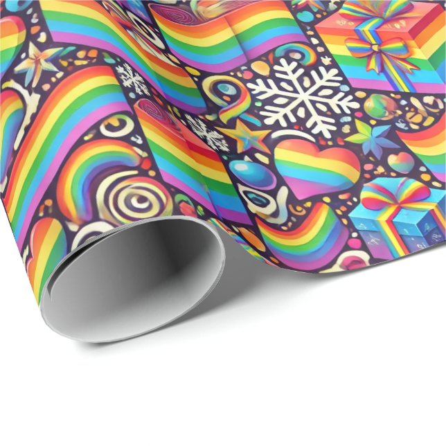 Papel De Presente Vibrant Rainbow Pride Christmas Wrapping Paper (Ponta do rolo)