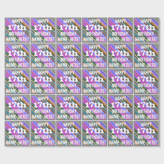 Papel De Presente Vibrante, Colorido 17º Aniversário + Nome Personal (Aberto)