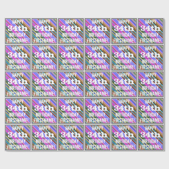 Papel De Presente Vibrante, Colorido 34º Aniversário + Nome Personal (Aberto)