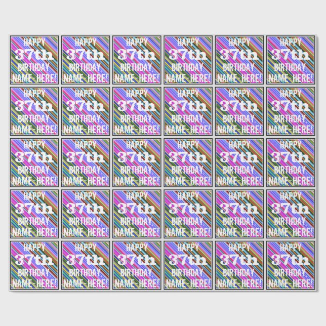 Papel De Presente Vibrante, Colorido 37º Aniversário + Nome Personal (Aberto)