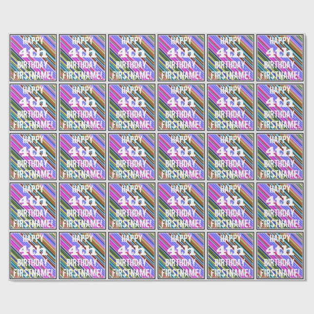 Papel De Presente Vibrante, Colorido 4º Aniversário + Nome Personali (Aberto)