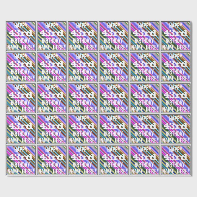 Papel De Presente Vibrante, Colorido 43º Aniversário + Nome Personal (Aberto)