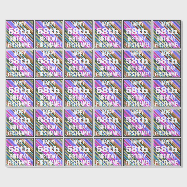 Papel De Presente Vibrante, Colorido 58º Aniversário + Nome Personal (Aberto)