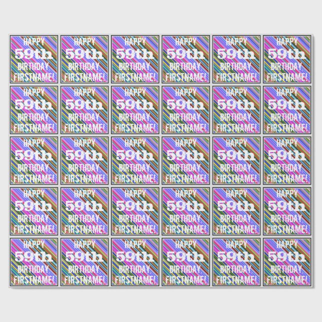 Papel De Presente Vibrante, Colorido 59º Aniversário + Nome Personal (Aberto)