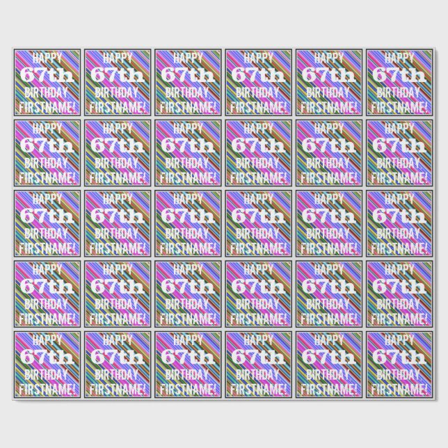 Papel De Presente Vibrante, Colorido 67º Aniversário + Nome Personal (Aberto)