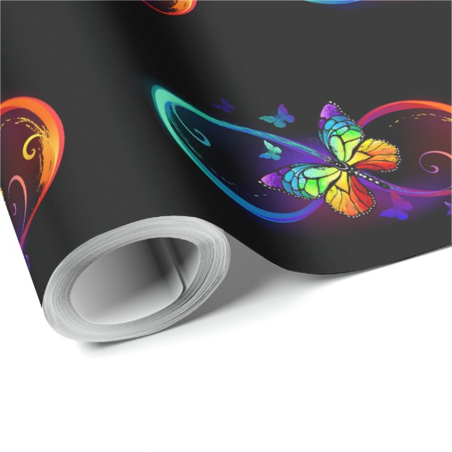 Papel De Presente Vibrante infinito com borboleta arco-íris em preto (Ponta do rolo)