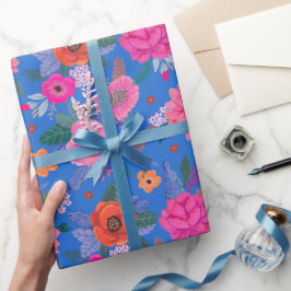 Papel De Presente Vibrantes Flores Silvestres Rosa Azul Aniversário