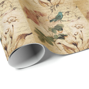 Papel De Presente Victorian Rosa Paris Scripts french bird botanic