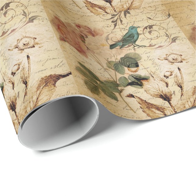 Papel De Presente Victorian Rosa Paris Scripts french bird botanic (Ponta do rolo)